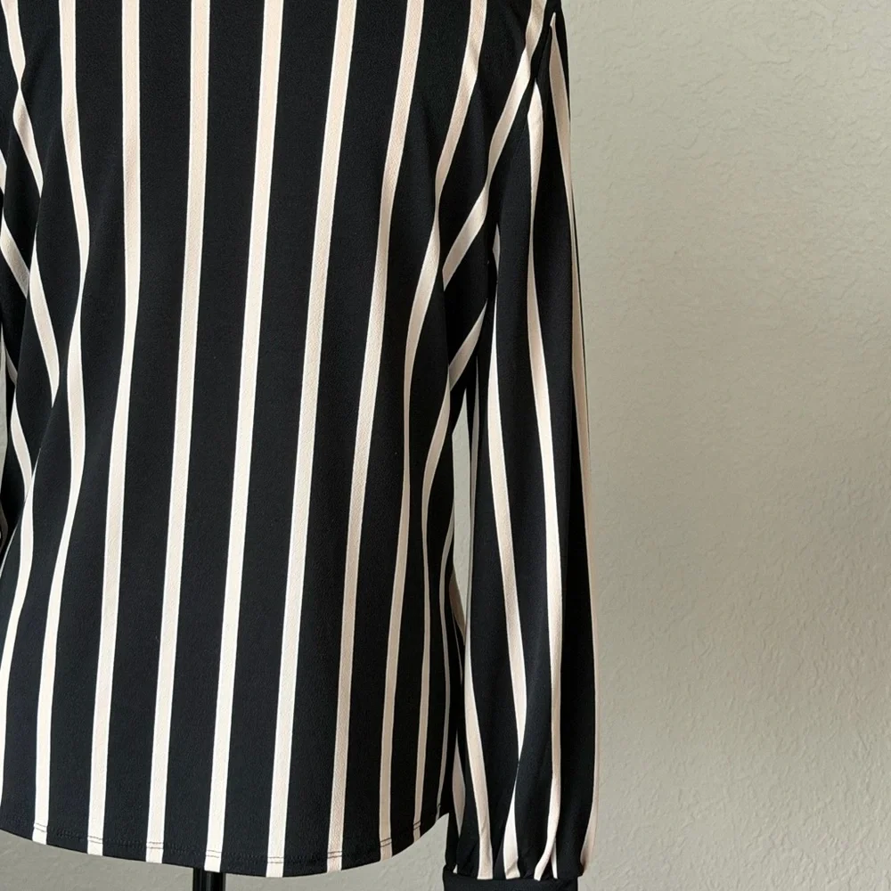 Adrianna Papell Black and Beige Striped V-Neck Blouse - Picture 5 of 8